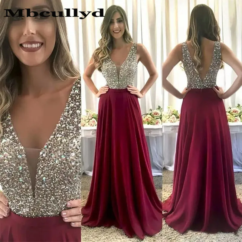

Mbcullyd Sparkling Crystal Long Prom Dresses For Women 2019 Deep V Neck A Line Evening Dress Formal Party Gown robe de soiree
