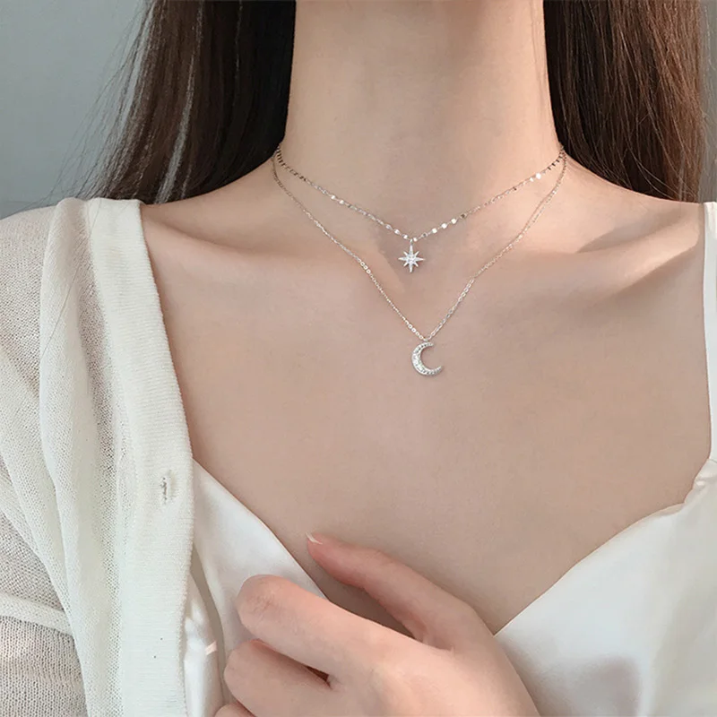 Hot 925 Sterling Silver Exquisite Moon Choker Shining Star Double Necklace Party Gift Fashion Jewelry for Women SNK032 - Image 2