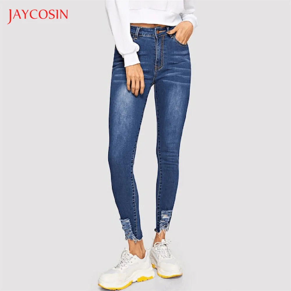 Jaycosin, Летний стиль, женские джинсы, брюки с высокой талией, синие, поцарапанные, обтягивающие колготки, женские брюки-карандаш, джинсовые, женские модные джинсы