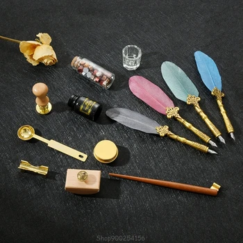 

Retro Calligraphy Quill Feather Dip Pen with Nibs Wax Seal Stamp Holder Gift Box Stationery O13 20 Dropship