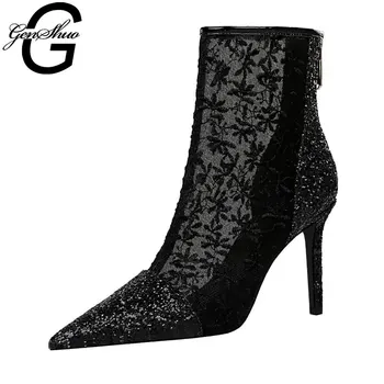 

GENSHUO Embroidered Mesh Pumps Sexy Stilettos Heel Pointed Toe Chelsea Boot Autumn Summer Ankle Boots Black White Glitter Botas