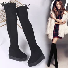 Женские сапоги выше колена на толстой подошве; изящные черные простые женские элегантные универсальные теплые сапоги с бантом; модная женская плюшевая обувь на платформе