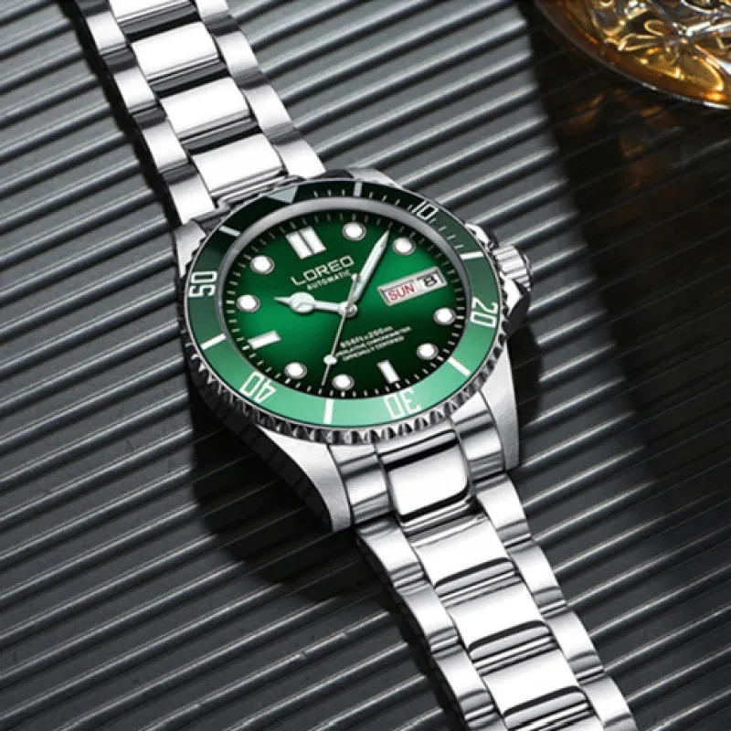 Модные часы для дайвинга 200 м водонепроницаемые механические LOREO Water Ghost Green Sapphire