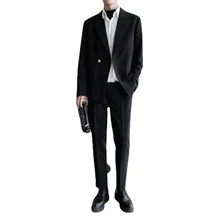 

2 Pices Suits Sets Black Notch Lapel Double-breasted For Men Streetwear Casual Blazers Ankle-length Pant Male Slim Fit Wear