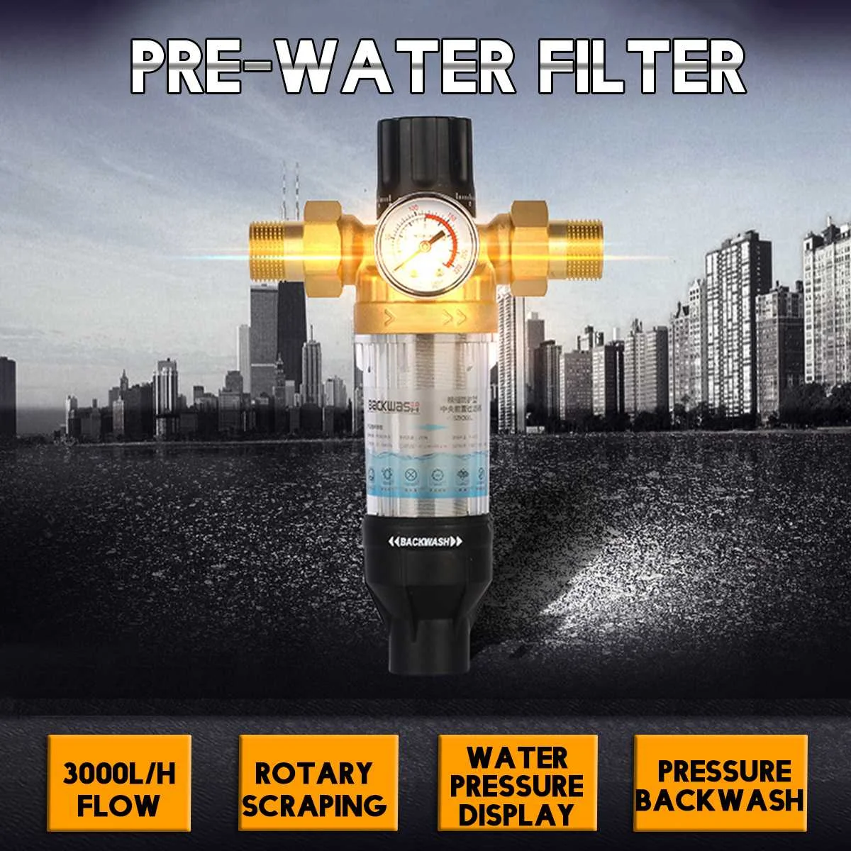 

Water Filters Front Purifier Copper Lead Pre-filter Backwash Remove Rust Contaminant Sediment Pipe +Stainless Steel Mesh & Gauge