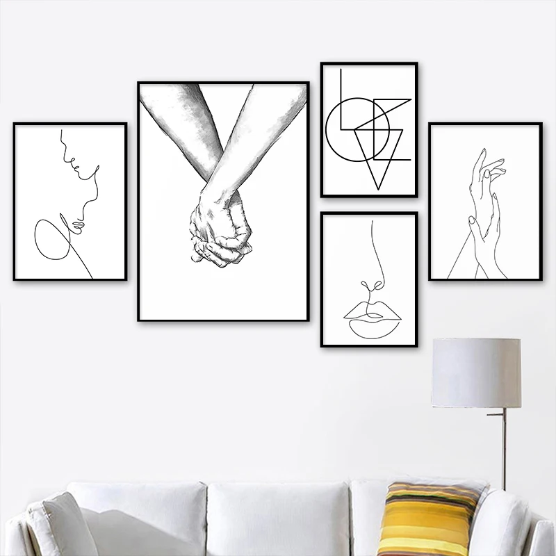 Black White Romantic Hand In Canvas Painting Love Quotes Wall Art Poster Print Minimalist Figures Line for Room Decor | Дом и сад