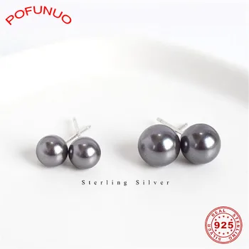 

POFUNUO 925 Sterling Silver Women Grey Pearl Stud Earrings Minimalist Anti Allergy Fine Jewelry Ear Studs 6mm 8mm Pearl Earring