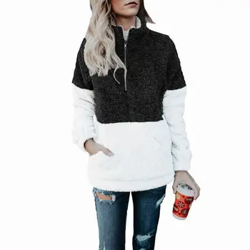 

Women Jackets Winter Autumn Casual Loose Tops Women Patchwork Turtleneck Coat Artificial Fleece Long Sleeve Zipper Jacket