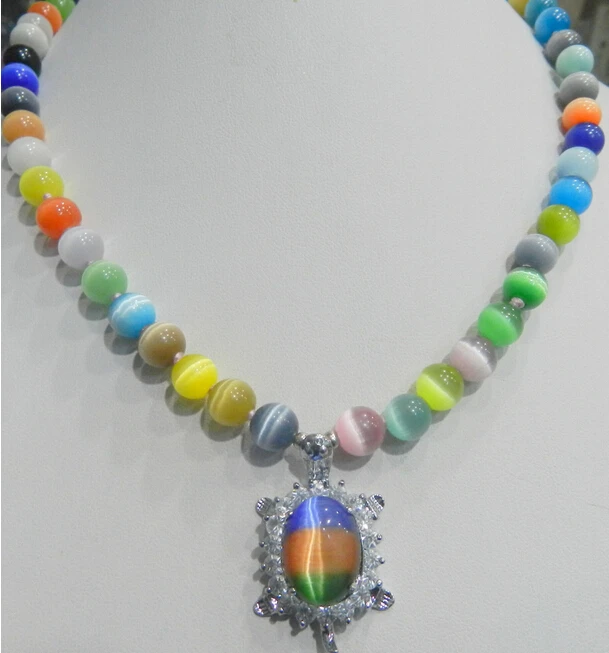 917+New 8mm multicolor Sri Lanka Moonstone Gems Crystal Tortoise Pendant Necklace
