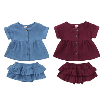 

NEW Summer Infant Baby Girl Newborn Cotton Linen Outfit Set Fashion Little Girls Button Top+Short PP Pants 2pcs1