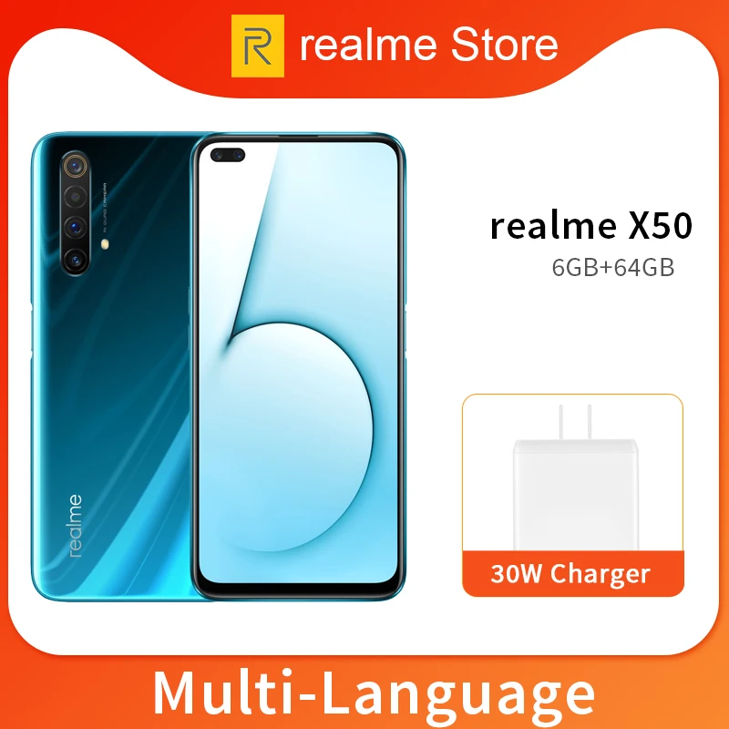  Realme X50 X 50 5G 8GB 128GB 6,57 ''мобильный телефон Snapdragon 765G Восьмиядерный 64MP четырехъядерный мобильный телефон VOOC 30W быстрое зарядное устройство 