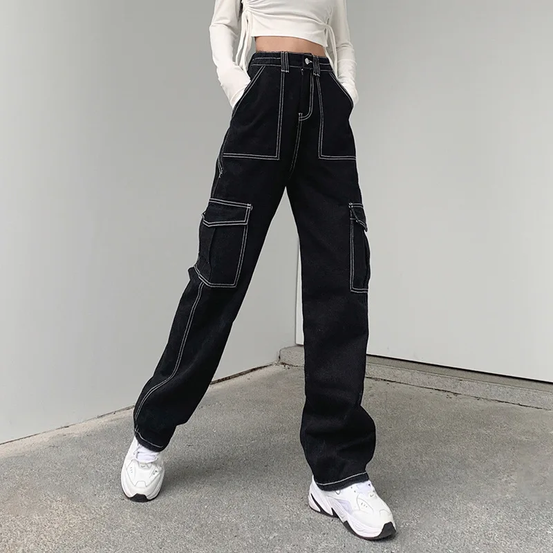 JMPRS Pockets Patchwork Women Baggy Jeans Fashion Y2K Streetwear 100% Cotton Denim Pants Loose Cargo Harajuku Black Trousers | Женская