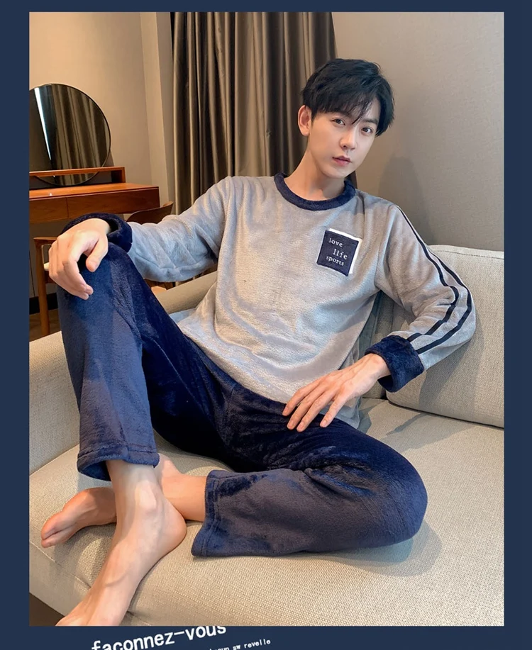 silk pajamas 2021 Winter Long Sleeve Thick Warm Flannel Pajama Sets For Men Korean Coral Velvet Sleepwear Suit Pyjama Lounge Homewear Clothes mens plaid pajama pants