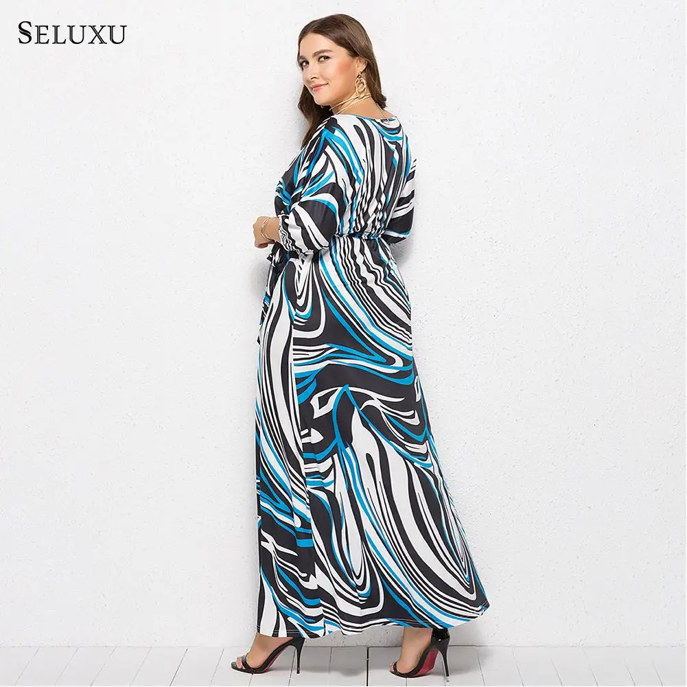 Seluxu осеннее Новое Женское платье большого размера vestidos женское платье с поясом и высокой талией платье в полоску большого размера женское платье