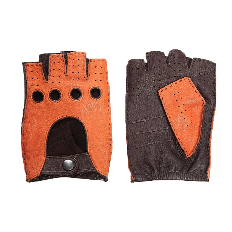 Genuine Leather Men's Semi Finger Gloves Anti-Slip Driving Breathable Fitness High Quality Deerskin Gloves Male D0132-2M - Цвет: brown camel male