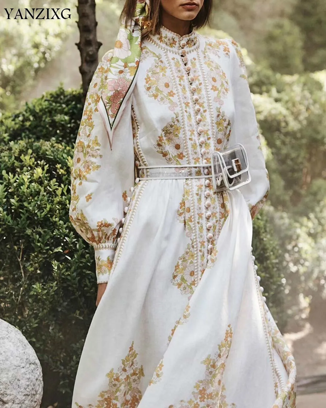 

Autumn And Winter Lantern Sleeves Stand Collar Embroidery High Waist Hollow Out Waist Belts Long Dress Female Vestido Z725