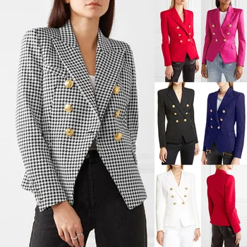 

Classic Women Houndstooth Double Breasted Blazer & Suit Office Lady Long Sleeve Slim High Quality Suit Coat Jacket Female