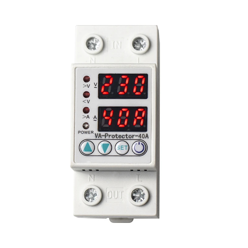 Utilização Doméstica Display Led Duplo 40a 63a Trilho Din 230v Tensão Ajustável Protetor contra Surtos Relé com Limite de Proteção de Corrente