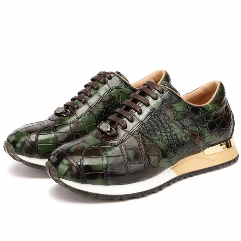 

Authentic Real Crocodile Skin Male Camouflage Sneakers Genuine Exotic Alligator Leather Hand Painted Men's Lace-up Walking Flats