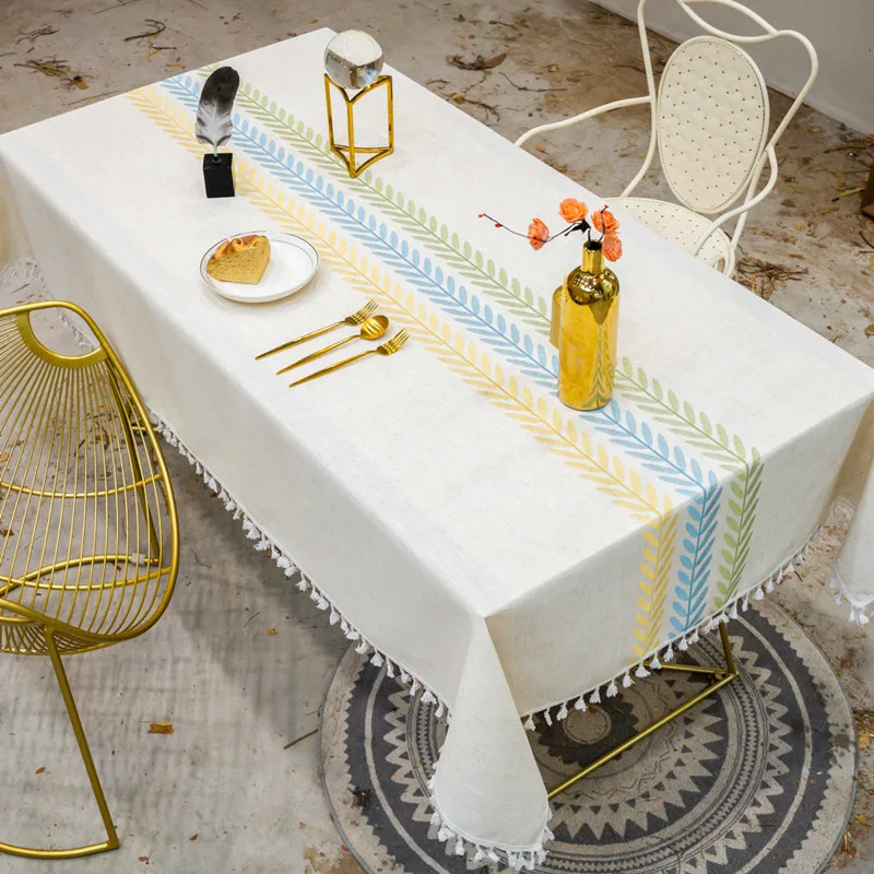 Tanie Haft pozostawia dekoracyjne obrus lniany z pomponem wodoodporna olejoodporne gruby prostokątny ślub jadalnia herbata obrus