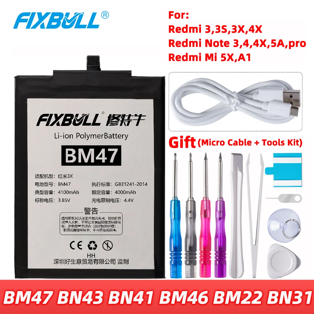 

FIXBULL BM47 BN43 BN41 BM46 BM22 BN31 Phone Battery For Xiaomi Redmi 3 3S 3X 4X Note 3 4 4X 5A Pro Mi 5 5X Replacement Bateria