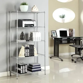 

5-shelf Storage Rack Silver Gray Carbon Steel Construction Height/rack Legs Adjustable All-direction Mesh Border Furniture