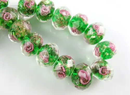 8mm Rondelle Faceted Glass Crystal Rose Flower Inside Lampwork Beads Spacer 