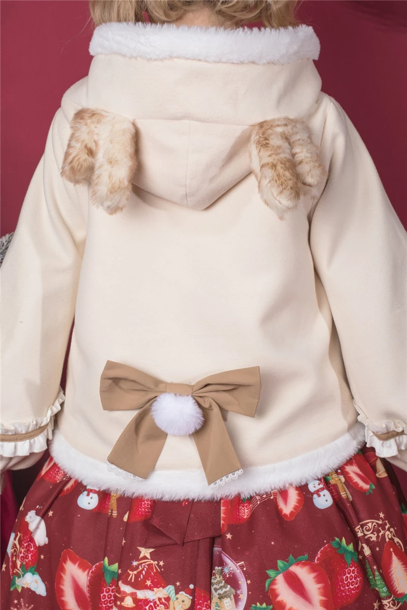 Милое пальто в стиле Лолиты для женщин и девочек, зимнее пальто с капюшоном в стиле милой Лолиты, бархатное пальто, теплая бежевая верхняя одежда на Рождество