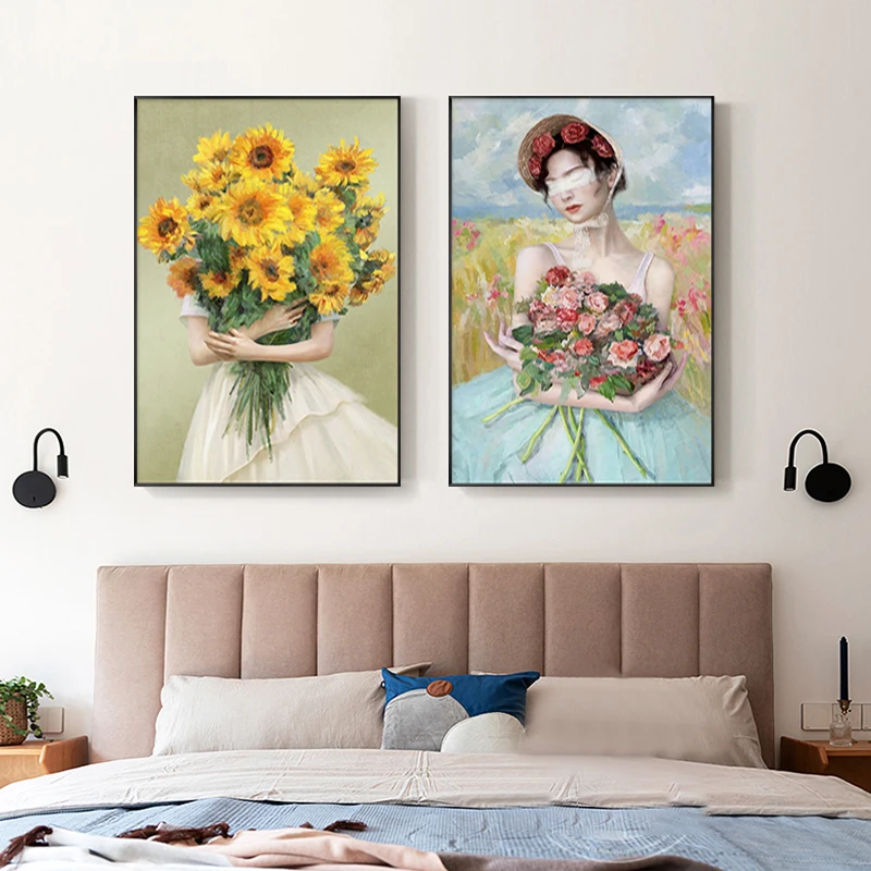 현대 소녀 해바라기 그림 캔버스 아트 프린트 북유럽 포스터 벽 홈 장식 그림 거실 침실용