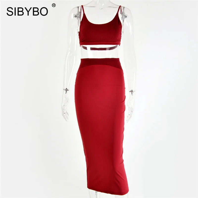 Sibybo Backless Ribbed Sexy Two Piece Set Dress Women Sleeveless Bandage Summer Bodycon Dress High Waist Beach Club Party Dress - Цвет: Бургундия