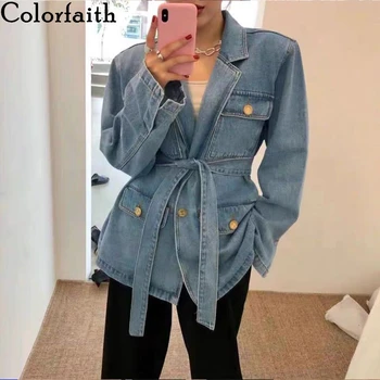 

Colorfaith New 2020 Spring Autumn Women's Denim Jackets Casual Turn-down Collar Pockets Sashes Wild Streetwear Jeans Tops JK6965