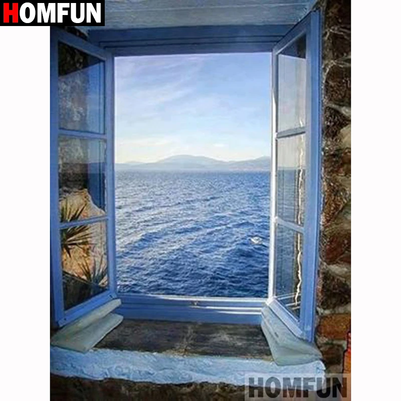 Алмазная живопись HOMFUN Window sea view вышивка крестиком фото на заказ квадратная