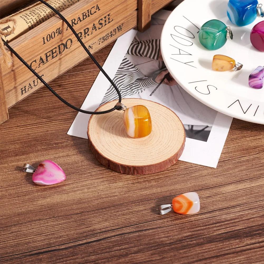 26Pcs Cube/Cuboid/Heart Shape Dyed Natural Striped Stone Pendants Charms with Stainless Steel Snap On Bails For Necklace Jewelry