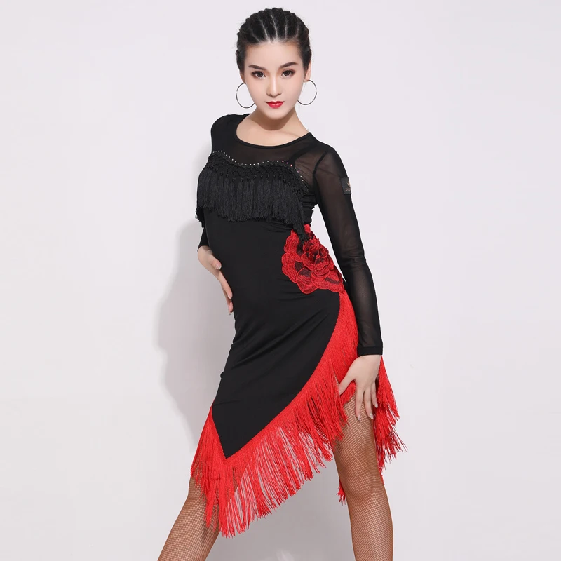 Профессиональное платье для латинских танцев, женское сексуальное платье с разрезом и кисточками, платья с вышивкой, одежда для выступлений, Сетчатое платье с длинным рукавом DL4906