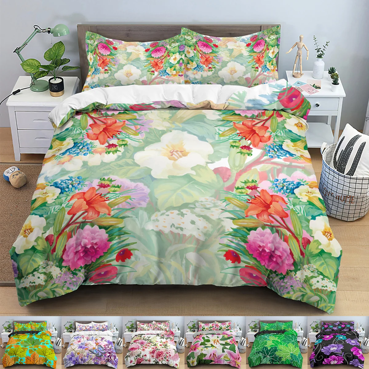 Floral Bedding Set Flower Leaves Printed Duvet Cover Sets Queen King
