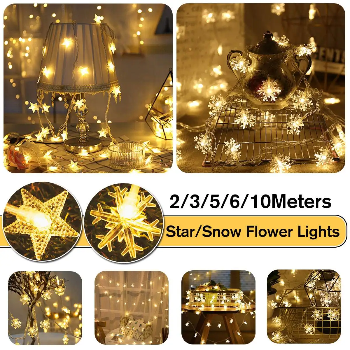 

NEW 2/3/5/6/10MLED Holiday Snowflakes String Fairy Lights Battery Powered Hanging Ornaments Christmas Party Home Decor