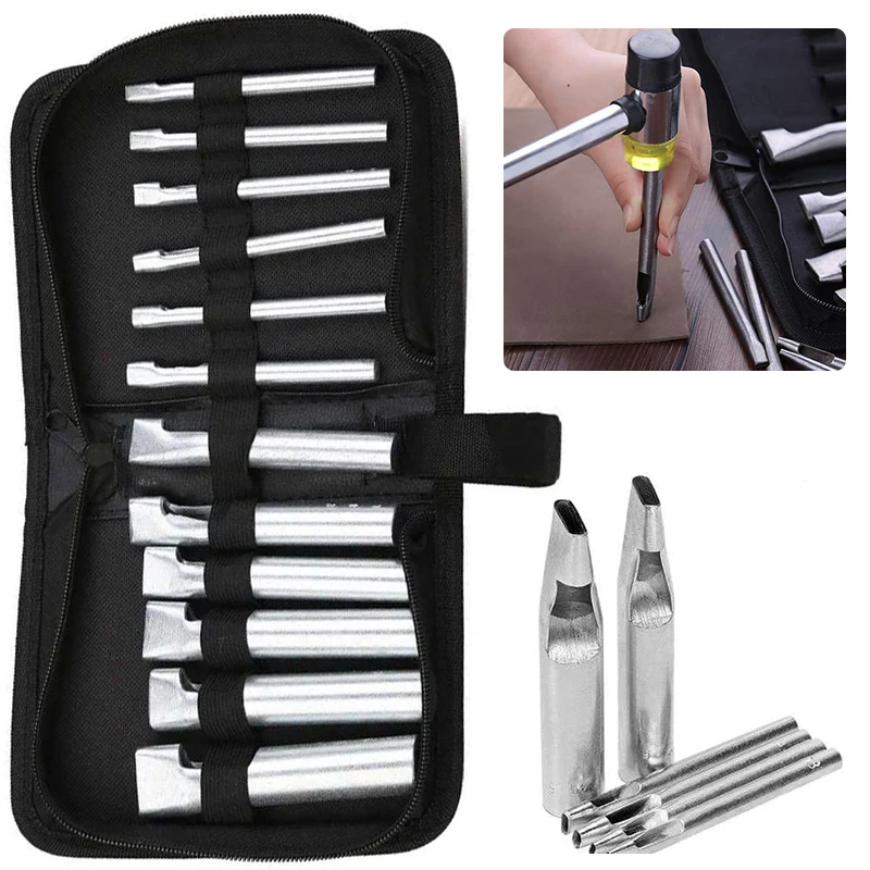 Imzay 12 PCS Leather Craft Hole Punch Set Oval Shape Hollow Belt Watch Banding Gasket Flat Hole Punch Tools