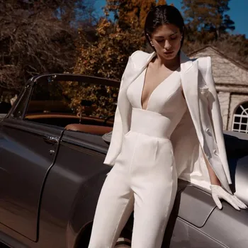 Satin Jumpsuits Prom Dresses With Jacket Sexy V Neck Formal Dress Long Evening Gowns Robe De Soiree Inoava Com