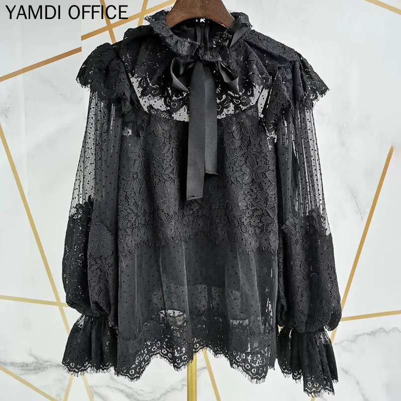 YAMDI, однотонная белая блузка для женщин, Подиумные топы с оборками,, с бантом, с вырезами, кружевная, элегантная, сексуальная, вечерние, Клубная, с хвостом, осенняя, Роскошная блузка