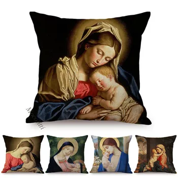 

Bible Story Religion Virgin Prayer Oil Painting Renaissance Christian Home Decor Pillow Case Virgin Mary and Child Cushion Cover