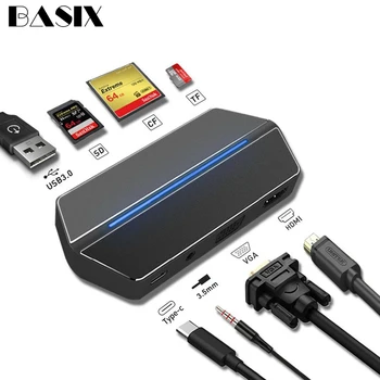 

BASIX USB C Hub To HDMI VGA Adapter USB 3.0 Hub SD/TF/CF Card Reader 3.5mm Headset and Charging Port for Macbook Type C Usb Hub
