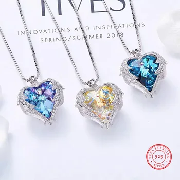 

Angel Wings Ocean Heart Necklace women 925 sterling silver Crystals Necklaces Fashion luxury gift jewelry collares de moda 2020