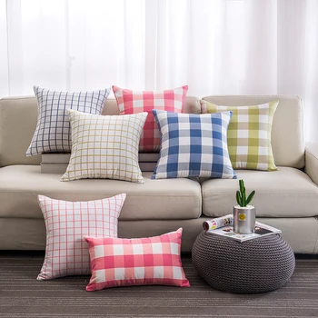 

100% Cotton canvas plaid print throw pillow cases sofa cushion cover 30x50/45x45/50x50cm home hotel office decor pillow cover