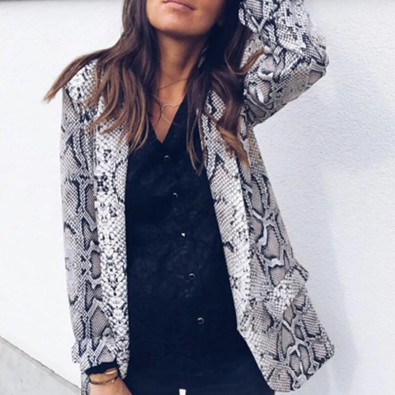 Women Ladies Snakeskin Long Sleeve Suit Cardigan Coat Office Jacket Sexy Snake Pattern Leopard 2021 New Fashion Plus S-XL | Женская