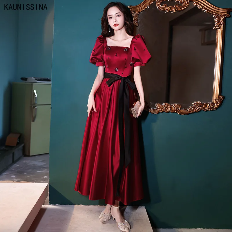 

KAUNISSINA Evening Dress Elegant Solid A-line Party Gown Vestido with Belt Short Puff Sleeve Square Collar Banquet Prom Dresses