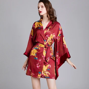 

2020 Spring New Ladies Silk Kimono Lounge Satin Bathrobe Gown Negligee Luxury Bride Wedding Robe Dressing gown Casual Homerobe