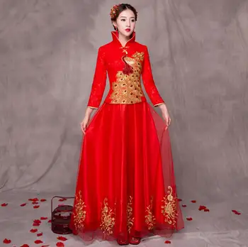 

Red Wedding Cheongsam Embroidery Women Evening Dress Modern Chinese Tradition Bride Traditions Robe