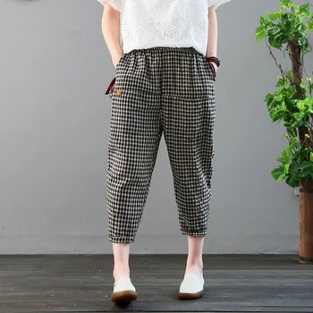 

Plus Size Casual Harem Pants Women Summer Plaid Cotton Linen Calf-length Pants New 2020 Vintage High Waist Female Trouses P728