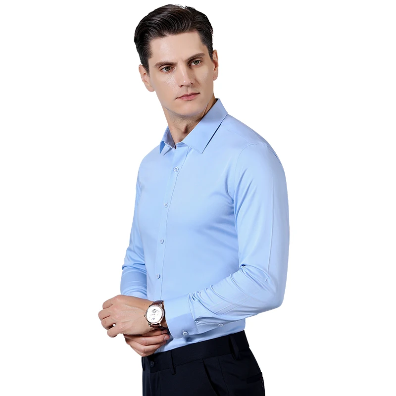 Bamboo Fiber Men Shirt Long Sleeve Luxury Solid Stretch Comfort Soft Square Collar Brand Formal Slim Fit Non Iron Smooth Camisa