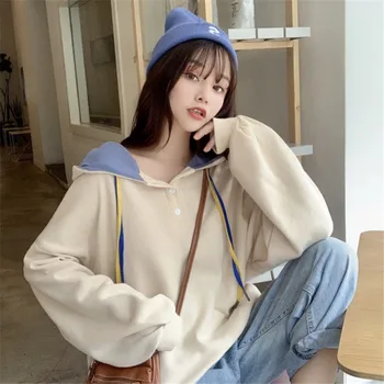 

Korean Loose Long sleeve Hooded Sweatshirt Women Spring Autumn 2020 Apricot Blue Casual Sweatshirts Hoodies Ladies Pullover Tops